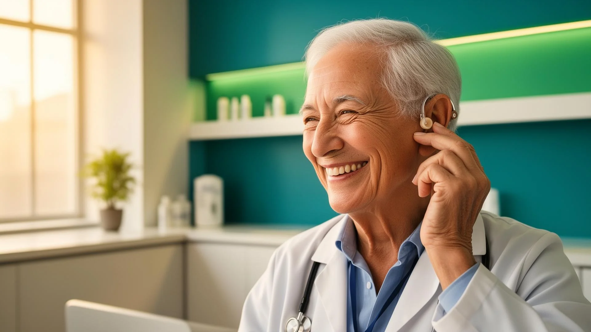 Paciente feliz con audífono